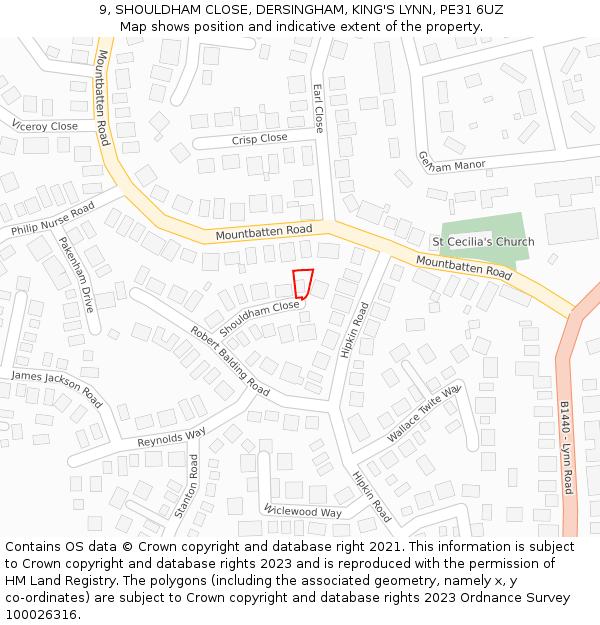 9, SHOULDHAM CLOSE, DERSINGHAM, KING'S LYNN, PE31 6UZ: Location map and indicative extent of plot