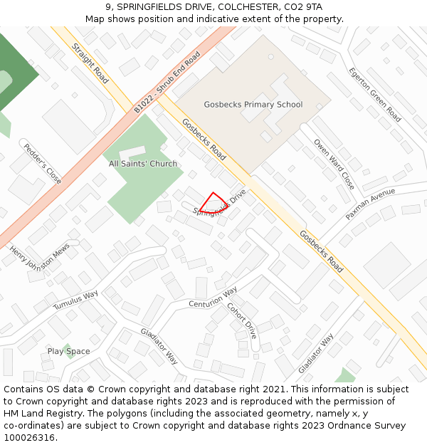 9, SPRINGFIELDS DRIVE, COLCHESTER, CO2 9TA: Location map and indicative extent of plot