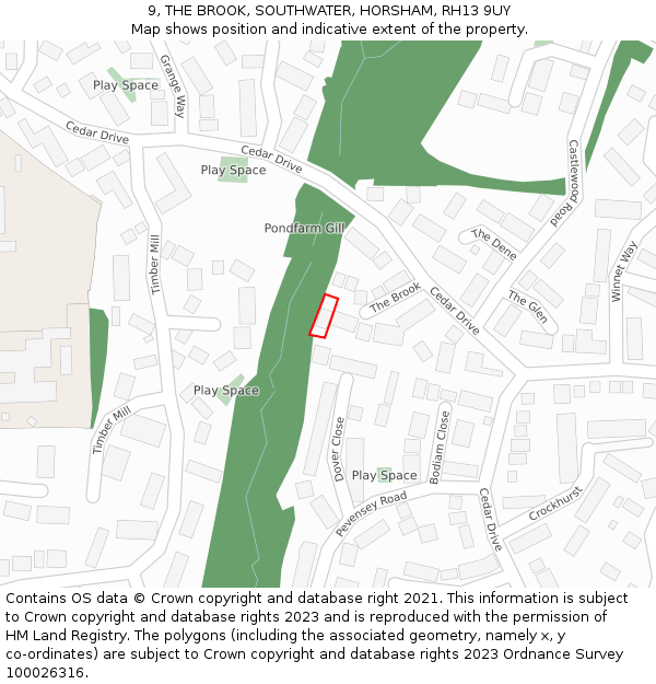 9, THE BROOK, SOUTHWATER, HORSHAM, RH13 9UY: Location map and indicative extent of plot