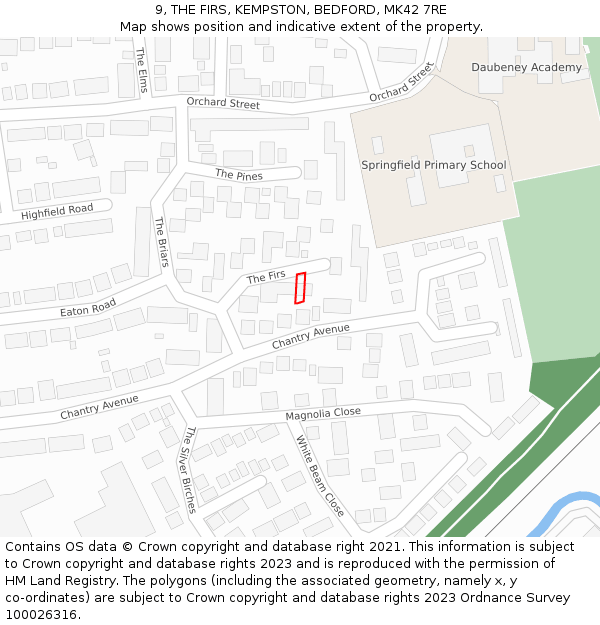 9, THE FIRS, KEMPSTON, BEDFORD, MK42 7RE: Location map and indicative extent of plot