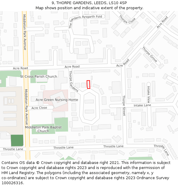 9, THORPE GARDENS, LEEDS, LS10 4SP: Location map and indicative extent of plot