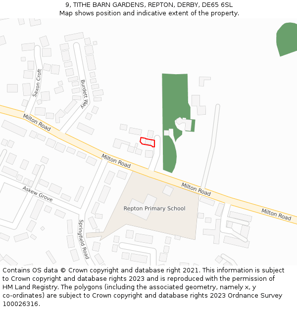 9, TITHE BARN GARDENS, REPTON, DERBY, DE65 6SL: Location map and indicative extent of plot