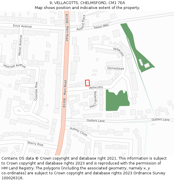 9, VELLACOTTS, CHELMSFORD, CM1 7EA: Location map and indicative extent of plot