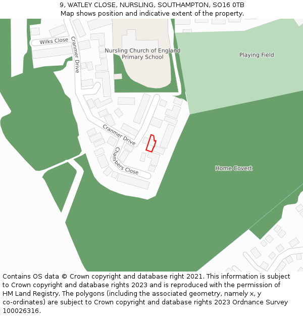 9, WATLEY CLOSE, NURSLING, SOUTHAMPTON, SO16 0TB: Location map and indicative extent of plot