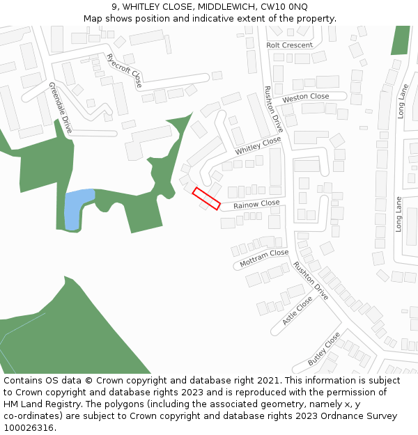 9, WHITLEY CLOSE, MIDDLEWICH, CW10 0NQ: Location map and indicative extent of plot