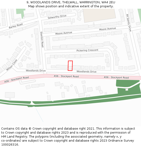 9, WOODLANDS DRIVE, THELWALL, WARRINGTON, WA4 2EU: Location map and indicative extent of plot