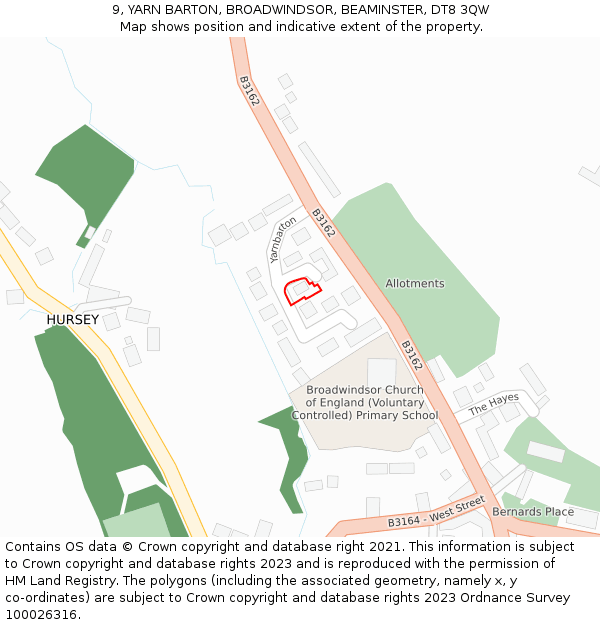 9, YARN BARTON, BROADWINDSOR, BEAMINSTER, DT8 3QW: Location map and indicative extent of plot