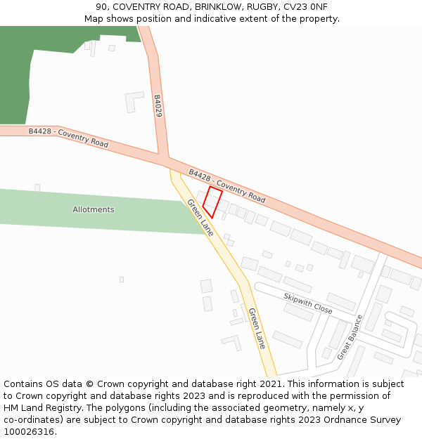 90, COVENTRY ROAD, BRINKLOW, RUGBY, CV23 0NF: Location map and indicative extent of plot