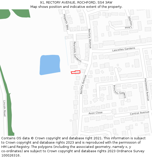 91, RECTORY AVENUE, ROCHFORD, SS4 3AW: Location map and indicative extent of plot