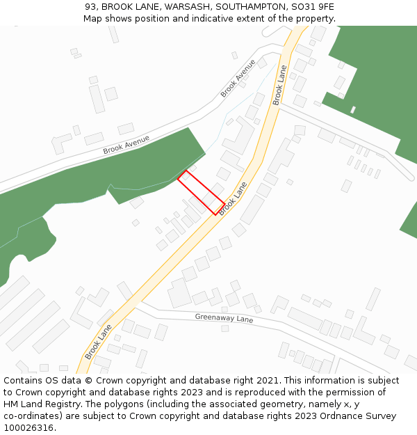 93, BROOK LANE, WARSASH, SOUTHAMPTON, SO31 9FE: Location map and indicative extent of plot