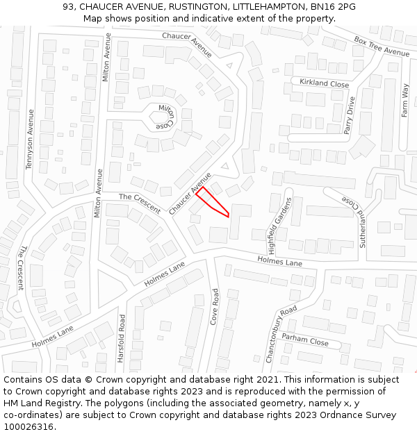 93, CHAUCER AVENUE, RUSTINGTON, LITTLEHAMPTON, BN16 2PG: Location map and indicative extent of plot