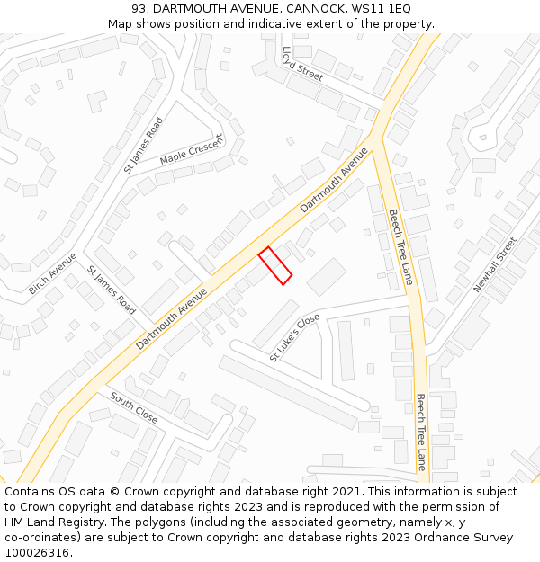 93, DARTMOUTH AVENUE, CANNOCK, WS11 1EQ: Location map and indicative extent of plot