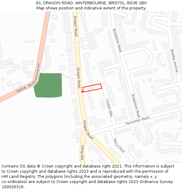 93, DRAGON ROAD, WINTERBOURNE, BRISTOL, BS36 1BH: Location map and indicative extent of plot