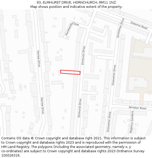 93, ELMHURST DRIVE, HORNCHURCH, RM11 1NZ: Location map and indicative extent of plot