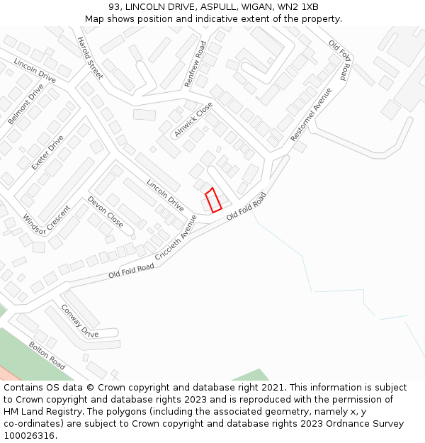 93, LINCOLN DRIVE, ASPULL, WIGAN, WN2 1XB: Location map and indicative extent of plot