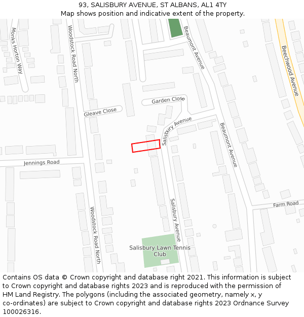 93, SALISBURY AVENUE, ST ALBANS, AL1 4TY: Location map and indicative extent of plot