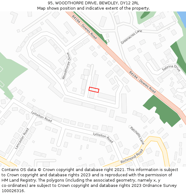 95, WOODTHORPE DRIVE, BEWDLEY, DY12 2RL: Location map and indicative extent of plot