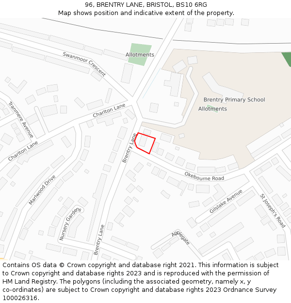 96, BRENTRY LANE, BRISTOL, BS10 6RG: Location map and indicative extent of plot