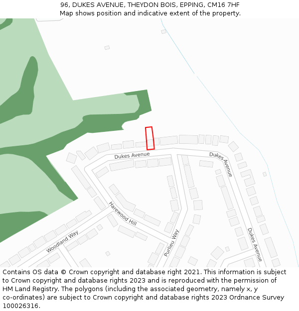 96, DUKES AVENUE, THEYDON BOIS, EPPING, CM16 7HF: Location map and indicative extent of plot