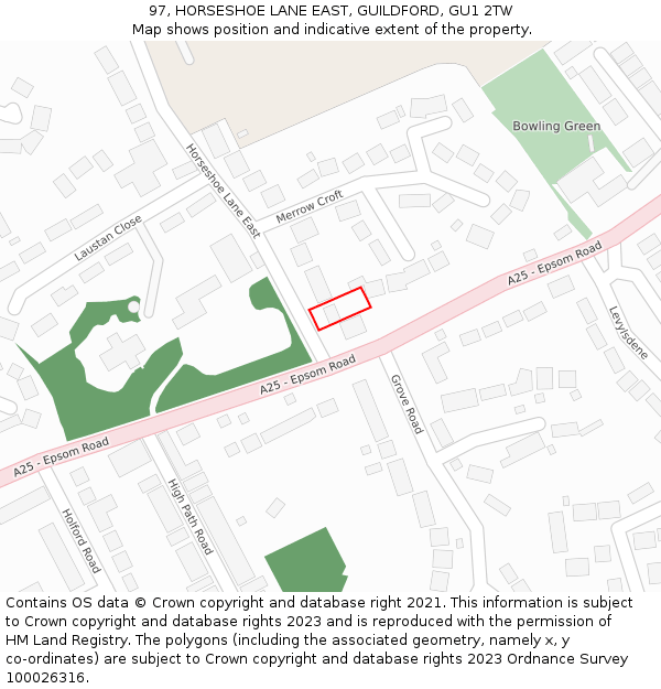 97, HORSESHOE LANE EAST, GUILDFORD, GU1 2TW: Location map and indicative extent of plot