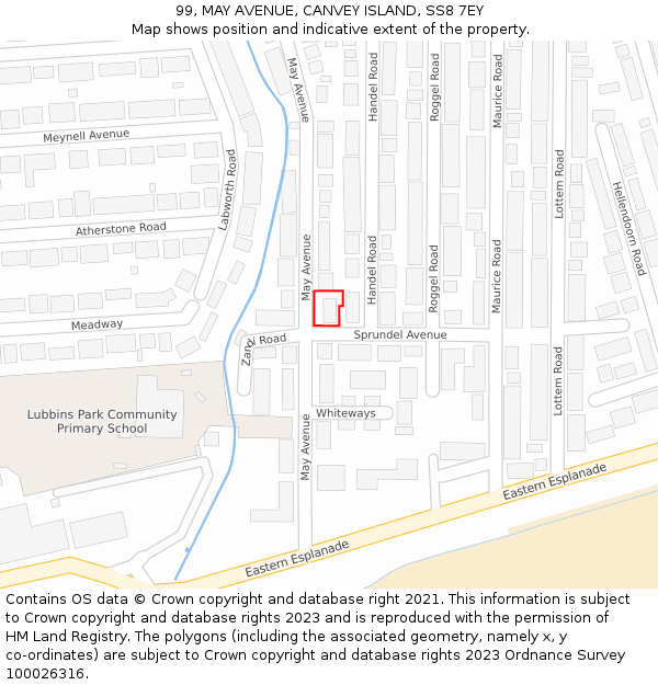 99, MAY AVENUE, CANVEY ISLAND, SS8 7EY: Location map and indicative extent of plot