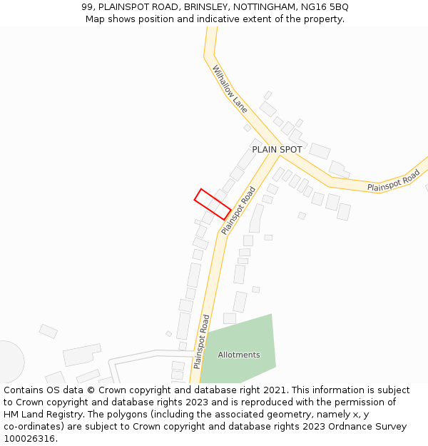 99, PLAINSPOT ROAD, BRINSLEY, NOTTINGHAM, NG16 5BQ: Location map and indicative extent of plot