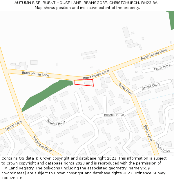 AUTUMN RISE, BURNT HOUSE LANE, BRANSGORE, CHRISTCHURCH, BH23 8AL: Location map and indicative extent of plot