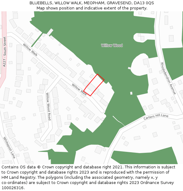 BLUEBELLS, WILLOW WALK, MEOPHAM, GRAVESEND, DA13 0QS: Location map and indicative extent of plot