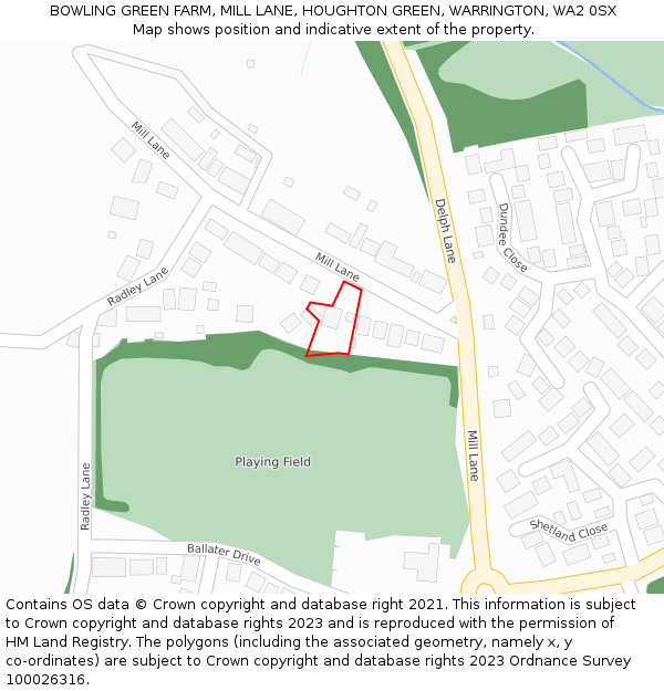 BOWLING GREEN FARM, MILL LANE, HOUGHTON GREEN, WARRINGTON, WA2 0SX: Location map and indicative extent of plot