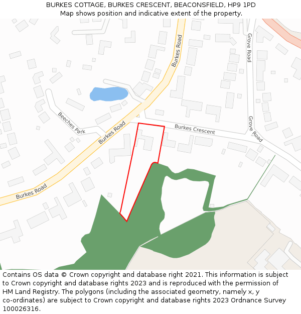 BURKES COTTAGE, BURKES CRESCENT, BEACONSFIELD, HP9 1PD: Location map and indicative extent of plot