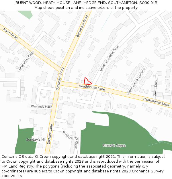 BURNT WOOD, HEATH HOUSE LANE, HEDGE END, SOUTHAMPTON, SO30 0LB: Location map and indicative extent of plot