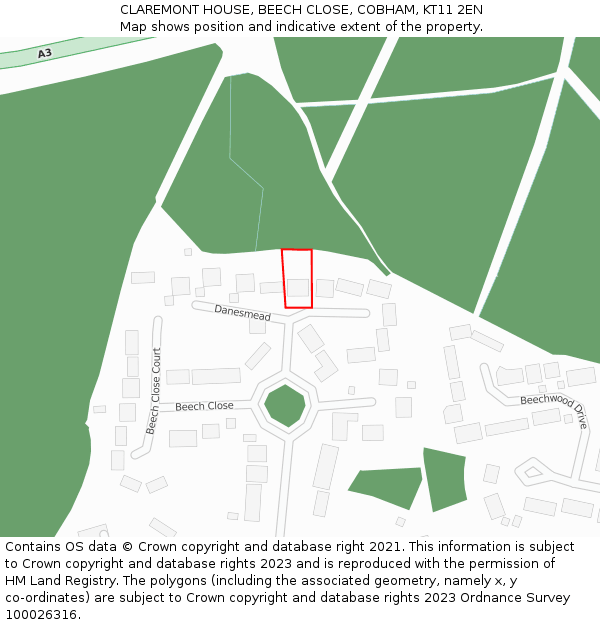 CLAREMONT HOUSE, BEECH CLOSE, COBHAM, KT11 2EN: Location map and indicative extent of plot