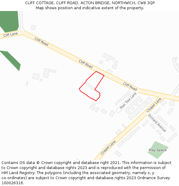 CLIFF COTTAGE, CLIFF ROAD, ACTON BRIDGE, NORTHWICH, CW8 3QP: Location map and indicative extent of plot