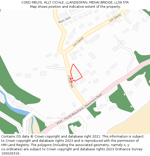 COED MELYS, ALLT CICHLE, LLANDEGFAN, MENAI BRIDGE, LL59 5TA: Location map and indicative extent of plot