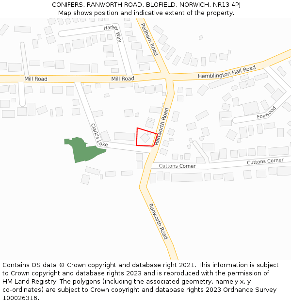 CONIFERS, RANWORTH ROAD, BLOFIELD, NORWICH, NR13 4PJ: Location map and indicative extent of plot