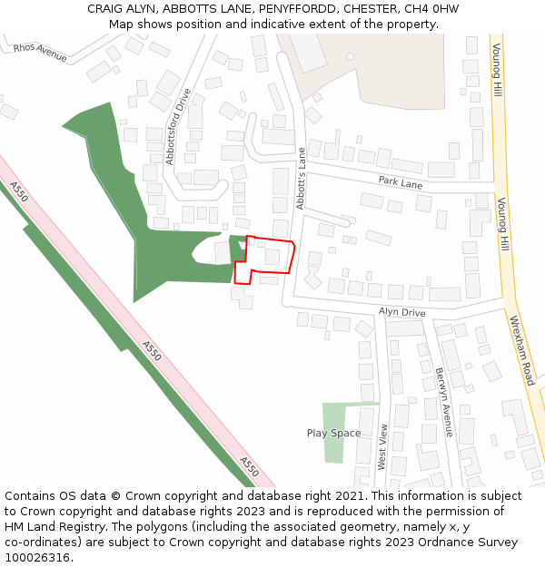 CRAIG ALYN, ABBOTTS LANE, PENYFFORDD, CHESTER, CH4 0HW: Location map and indicative extent of plot