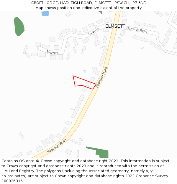 CROFT LODGE, HADLEIGH ROAD, ELMSETT, IPSWICH, IP7 6ND: Location map and indicative extent of plot