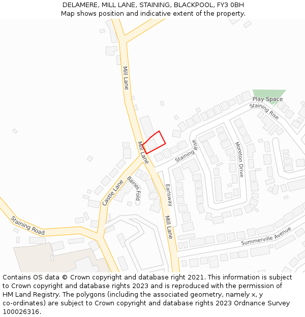 DELAMERE, MILL LANE, STAINING, BLACKPOOL, FY3 0BH: Location map and indicative extent of plot