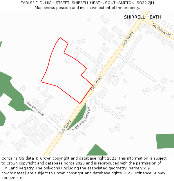 EARLSFIELD, HIGH STREET, SHIRRELL HEATH, SOUTHAMPTON, SO32 2JH: Location map and indicative extent of plot