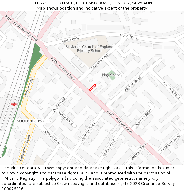 ELIZABETH COTTAGE, PORTLAND ROAD, LONDON, SE25 4UN: Location map and indicative extent of plot