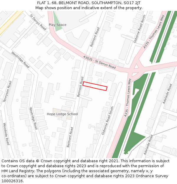 FLAT 1, 68, BELMONT ROAD, SOUTHAMPTON, SO17 2JT: Location map and indicative extent of plot