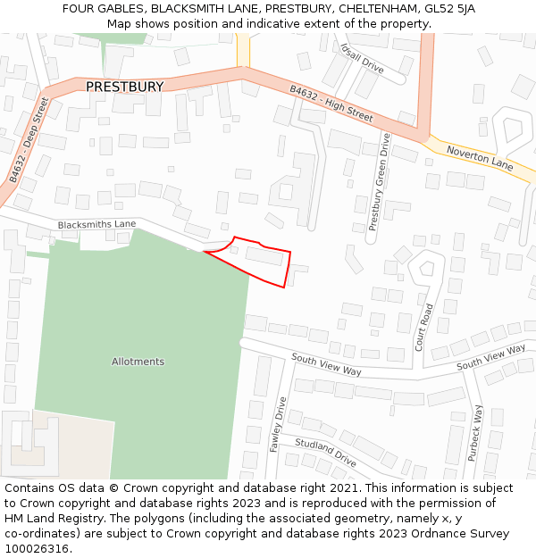 FOUR GABLES, BLACKSMITH LANE, PRESTBURY, CHELTENHAM, GL52 5JA: Location map and indicative extent of plot