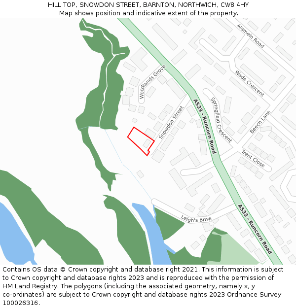 HILL TOP, SNOWDON STREET, BARNTON, NORTHWICH, CW8 4HY: Location map and indicative extent of plot