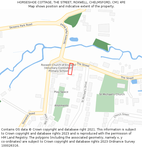 HORSESHOE COTTAGE, THE STREET, ROXWELL, CHELMSFORD, CM1 4PE: Location map and indicative extent of plot