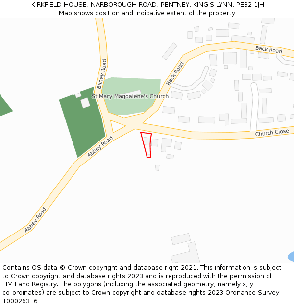 KIRKFIELD HOUSE, NARBOROUGH ROAD, PENTNEY, KING'S LYNN, PE32 1JH: Location map and indicative extent of plot