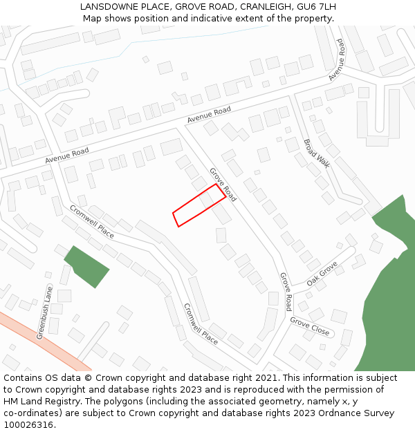 LANSDOWNE PLACE, GROVE ROAD, CRANLEIGH, GU6 7LH: Location map and indicative extent of plot