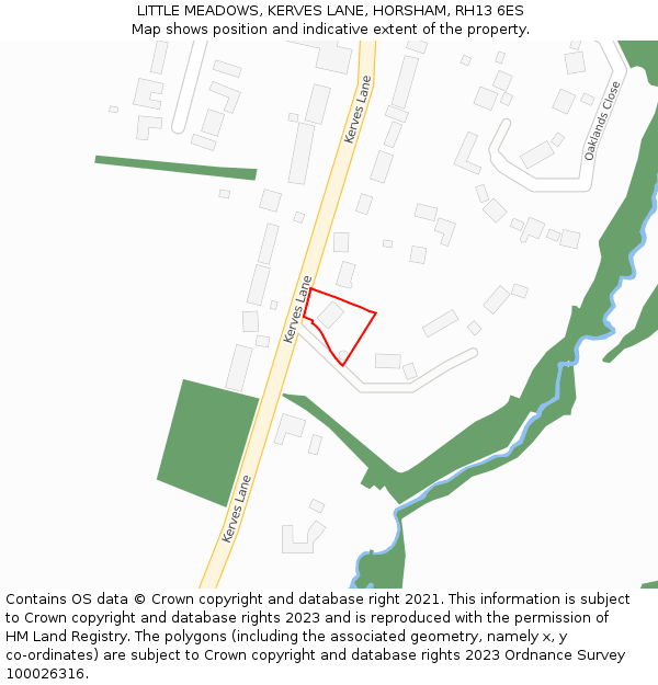 LITTLE MEADOWS, KERVES LANE, HORSHAM, RH13 6ES: Location map and indicative extent of plot