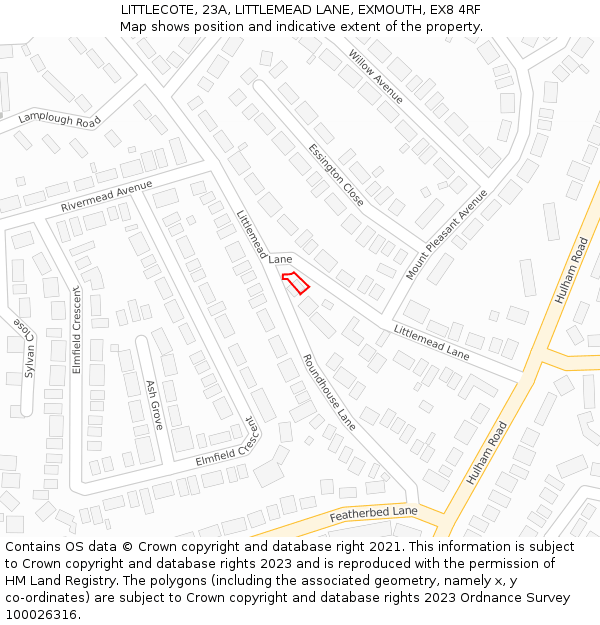 LITTLECOTE, 23A, LITTLEMEAD LANE, EXMOUTH, EX8 4RF: Location map and indicative extent of plot