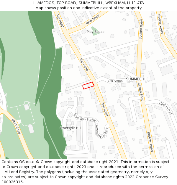 LLAMEDOS, TOP ROAD, SUMMERHILL, WREXHAM, LL11 4TA: Location map and indicative extent of plot