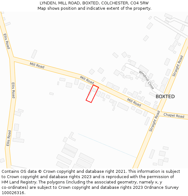 LYNDEN, MILL ROAD, BOXTED, COLCHESTER, CO4 5RW: Location map and indicative extent of plot